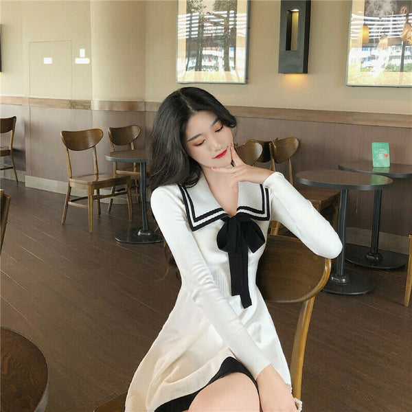 Attractive Beautiful Women Girls Lolita Bowknot Knitted Dress Jumper Basic Dress Sailor Dresses