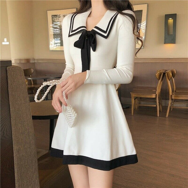 Attractive Beautiful Women Girls Lolita Bowknot Knitted Dress Jumper Basic Dress Sailor Dresses