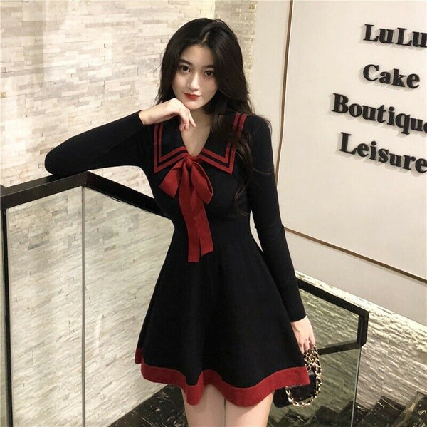 Attractive Beautiful Women Girls Lolita Bowknot Knitted Dress Jumper Basic Dress Sailor Dresses
