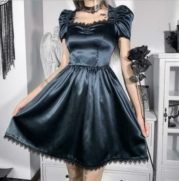 Women Temperament Gothic Satin Puff Sleeves Dresses Lace Trim Square Neck Short Flared Dress