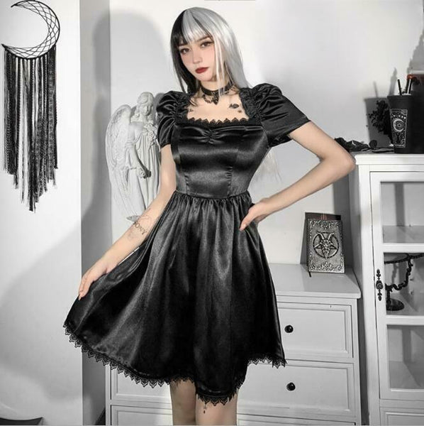 Women Temperament Gothic Satin Puff Sleeves Dresses Lace Trim Square Neck Short Flared Dress