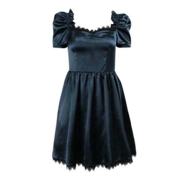 Women Temperament Gothic Satin Puff Sleeves Dresses Lace Trim Square Neck Short Flared Dress
