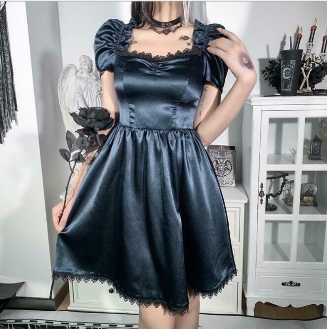 Women Temperament Gothic Satin Puff Sleeves Dresses Lace Trim Square Neck Short Flared Dress
