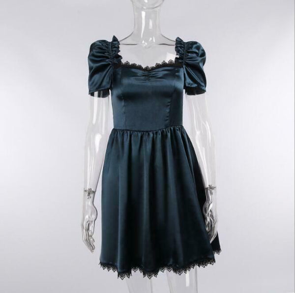 Women Temperament Gothic Satin Puff Sleeves Dresses Lace Trim Square Neck Short Flared Dress