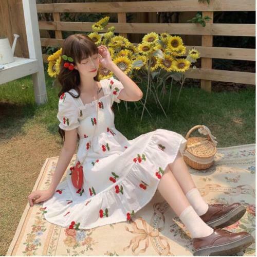 Women SUN Liked Girls Lolita Cherry Printed Elastic Falbala Puff Sleeves A Line Casual Dress