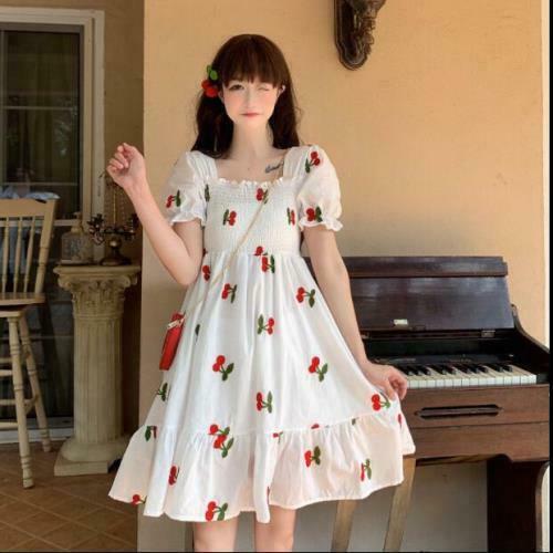 Women SUN Liked Girls Lolita Cherry Printed Elastic Falbala Puff Sleeves A Line Casual Dress