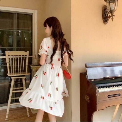 Women SUN Liked Girls Lolita Cherry Printed Elastic Falbala Puff Sleeves A Line Casual Dress