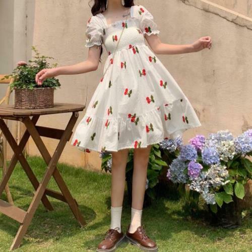 Women SUN Liked Girls Lolita Cherry Printed Elastic Falbala Puff Sleeves A Line Casual Dress