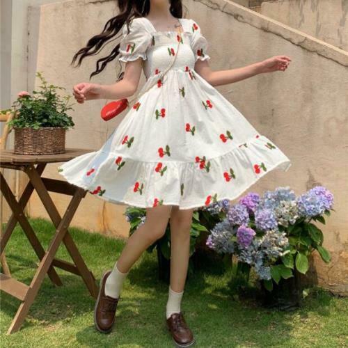 Women SUN Liked Girls Lolita Cherry Printed Elastic Falbala Puff Sleeves A Line Casual Dress