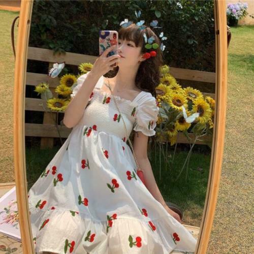 Women SUN Liked Girls Lolita Cherry Printed Elastic Falbala Puff Sleeves A Line Casual Dress