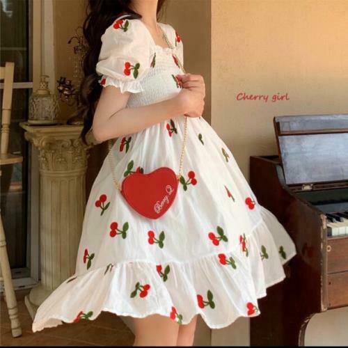 Women SUN Liked Girls Lolita Cherry Printed Elastic Falbala Puff Sleeves A Line Casual Dress