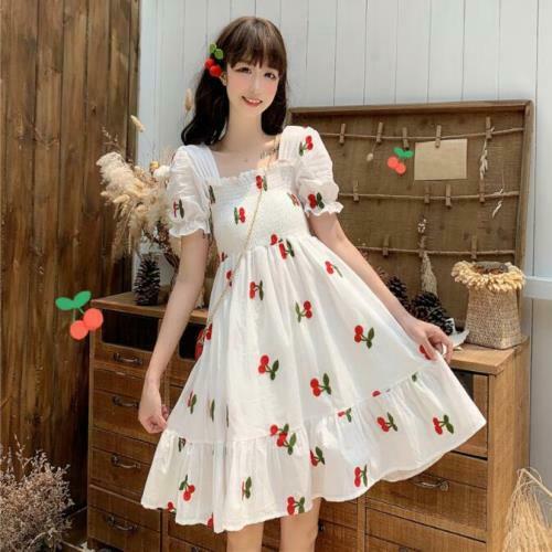 Women SUN Liked Girls Lolita Cherry Printed Elastic Falbala Puff Sleeves A Line Casual Dress