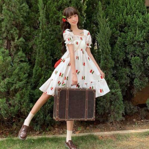 Women SUN Liked Girls Lolita Cherry Printed Elastic Falbala Puff Sleeves A Line Casual Dress