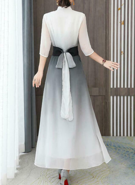 Lady Color Gradual Change Modified Chinese Long Dress Slant Breasted Slim Fit 3/4 Sleeves Dress