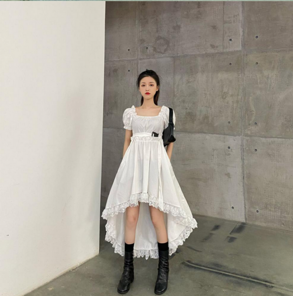 Trendy Ruffle Asymmetric Dress Gothic Lolita Puff Sleeve Midi Lace Black Color fashion