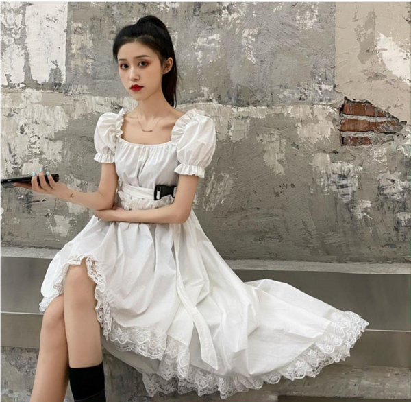 Trendy Ruffle Asymmetric Dress Gothic Lolita Puff Sleeve Midi Lace Black Color fashion
