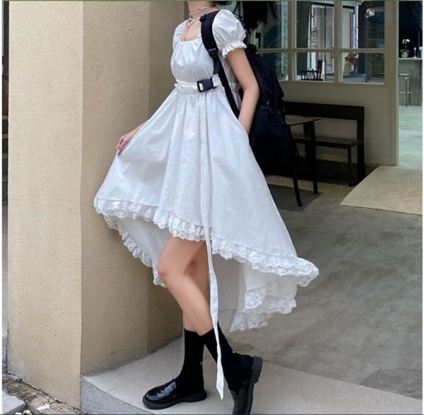 Trendy Ruffle Asymmetric Dress Gothic Lolita Puff Sleeve Midi Lace Black Color fashion