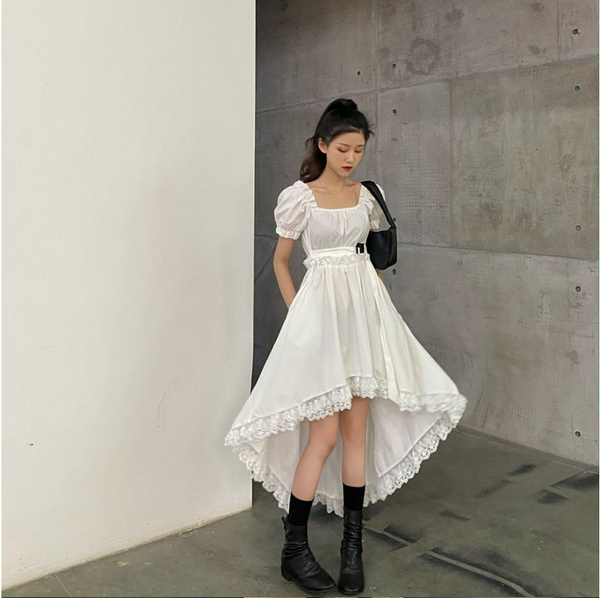Trendy Ruffle Asymmetric Dress Gothic Lolita Puff Sleeve Midi Lace Black Color fashion