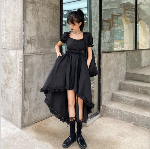 Trendy Ruffle Asymmetric Dress Gothic Lolita Puff Sleeve Midi Lace Black Color fashion