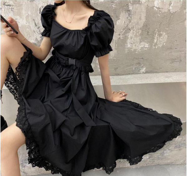 Trendy Ruffle Asymmetric Dress Gothic Lolita Puff Sleeve Midi Lace Black Color fashion