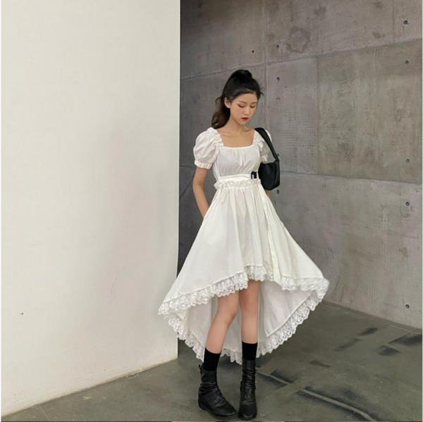 Trendy Ruffle Asymmetric Dress Gothic Lolita Puff Sleeve Midi Lace Black Color fashion