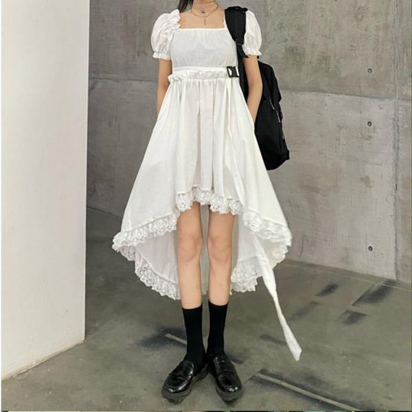 Trendy Ruffle Asymmetric Dress Gothic Lolita Puff Sleeve Midi Lace Black Color fashion