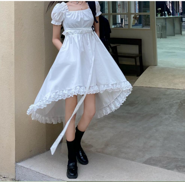 Trendy Ruffle Asymmetric Dress Gothic Lolita Puff Sleeve Midi Lace Black Color fashion