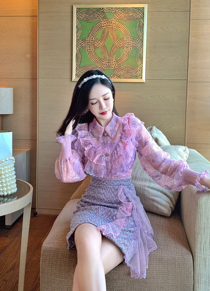 Women Runway Dress Spring Clothes Sweet Pink Ruffle Lace Splicing High Waist Bodycon Party