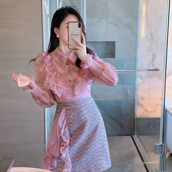 Women Runway Dress Spring Clothes Sweet Pink Ruffle Lace Splicing High Waist Bodycon Party