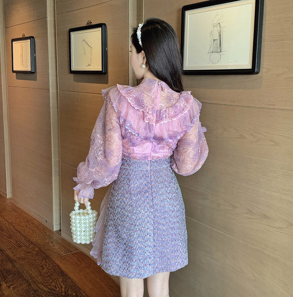 Women Runway Dress Spring Clothes Sweet Pink Ruffle Lace Splicing High Waist Bodycon Party