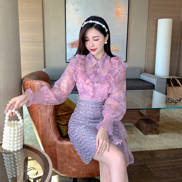 Women Runway Dress Spring Clothes Sweet Pink Ruffle Lace Splicing High Waist Bodycon Party