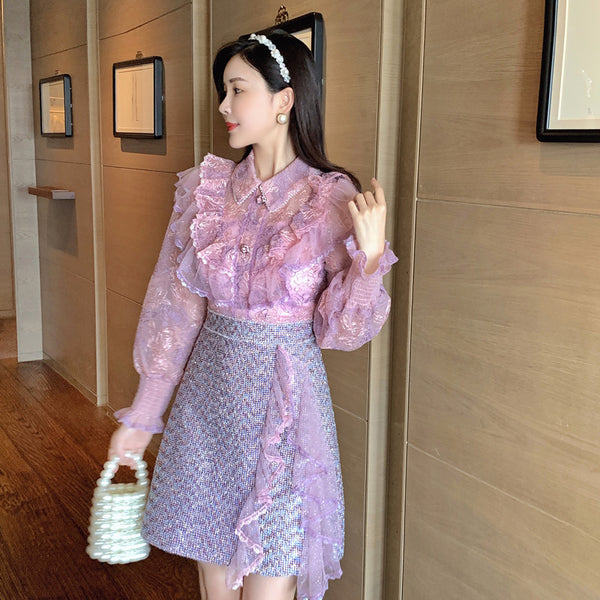 Women Runway Dress Spring Clothes Sweet Pink Ruffle Lace Splicing High Waist Bodycon Party