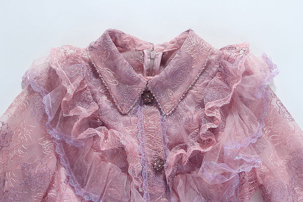 Women Runway Dress Spring Clothes Sweet Pink Ruffle Lace Splicing High Waist Bodycon Party