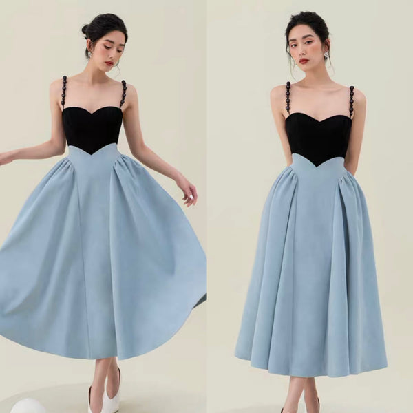 Spring Women Pearl Sling Blue Back Zipper Dress stitching big A Line skirt
