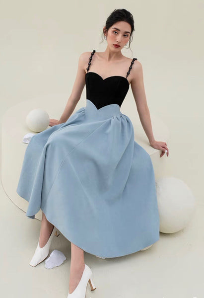 Spring Women Pearl Sling Blue Back Zipper Dress stitching big A Line skirt