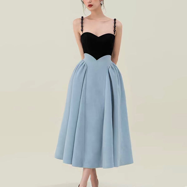 Spring Women Pearl Sling Blue Back Zipper Dress stitching big A Line skirt