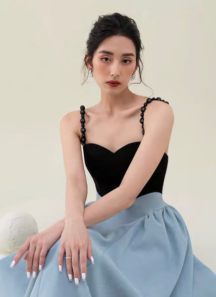 Spring Women Pearl Sling Blue Back Zipper Dress stitching big A Line skirt