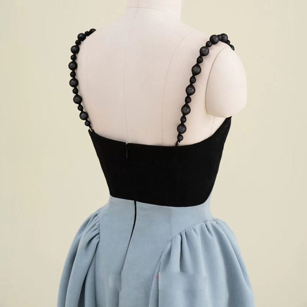 Spring Women Pearl Sling Blue Back Zipper Dress stitching big A Line skirt