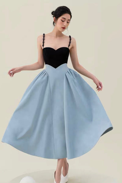 Spring Women Pearl Sling Blue Back Zipper Dress stitching big A Line skirt