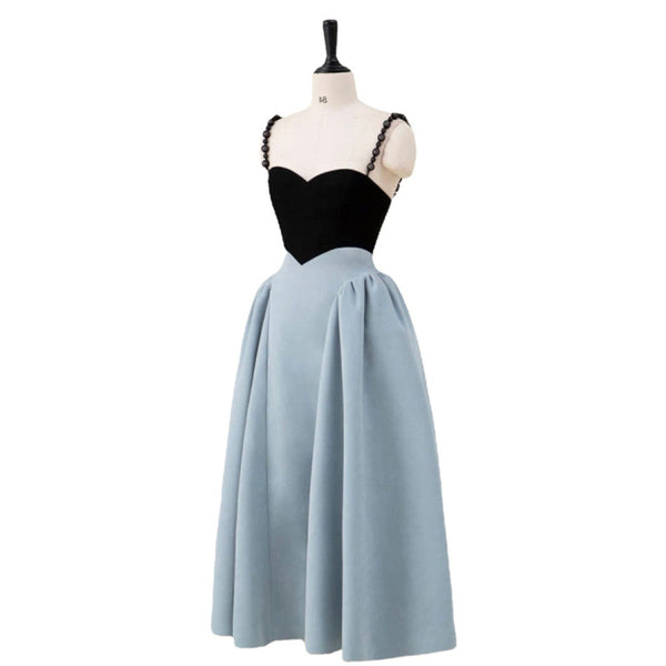 Spring Women Pearl Sling Blue Back Zipper Dress stitching big A Line skirt
