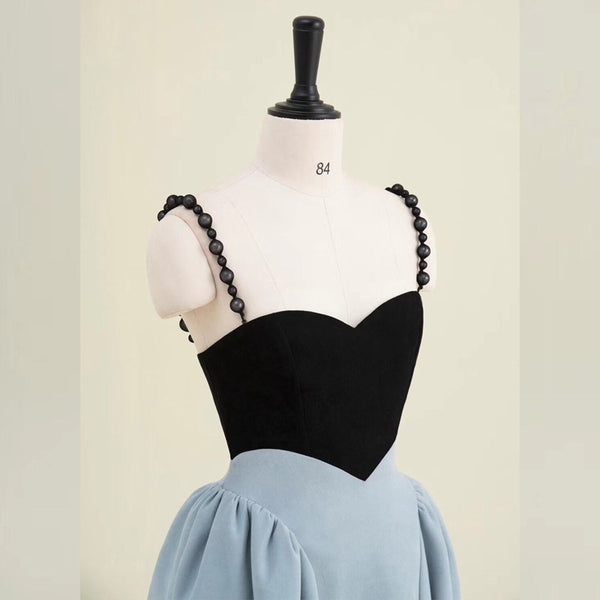 Spring Women Pearl Sling Blue Back Zipper Dress stitching big A Line skirt