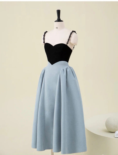 Spring Women Pearl Sling Blue Back Zipper Dress stitching big A Line skirt