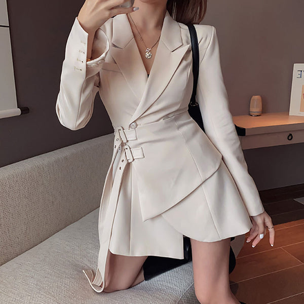 Spring Women Long Sleeve Suit Dress Casual Fashion Black White Shirt Collar A-line Dresses