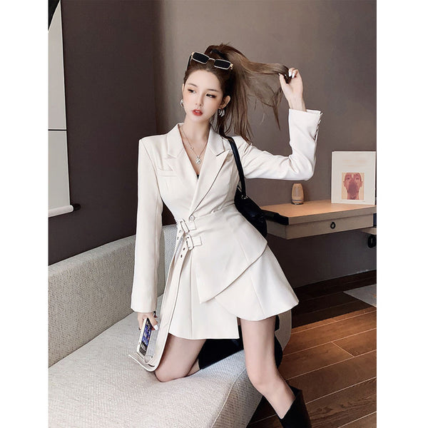 Spring Women Long Sleeve Suit Dress Casual Fashion Black White Shirt Collar A-line Dresses