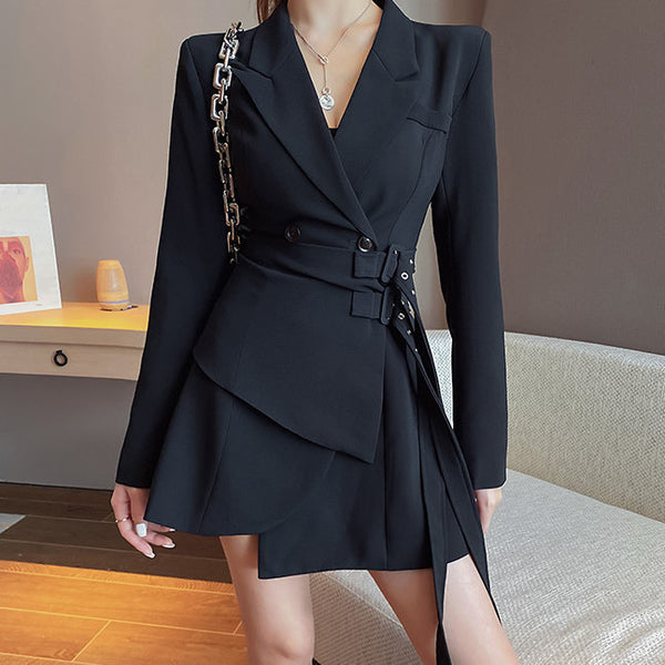 Spring Women Long Sleeve Suit Dress Casual Fashion Black White Shirt Collar A-line Dresses
