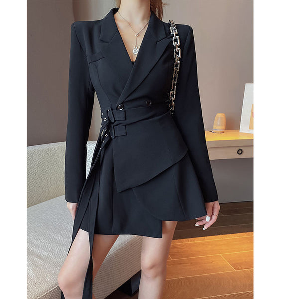Spring Women Long Sleeve Suit Dress Casual Fashion Black White Shirt Collar A-line Dresses