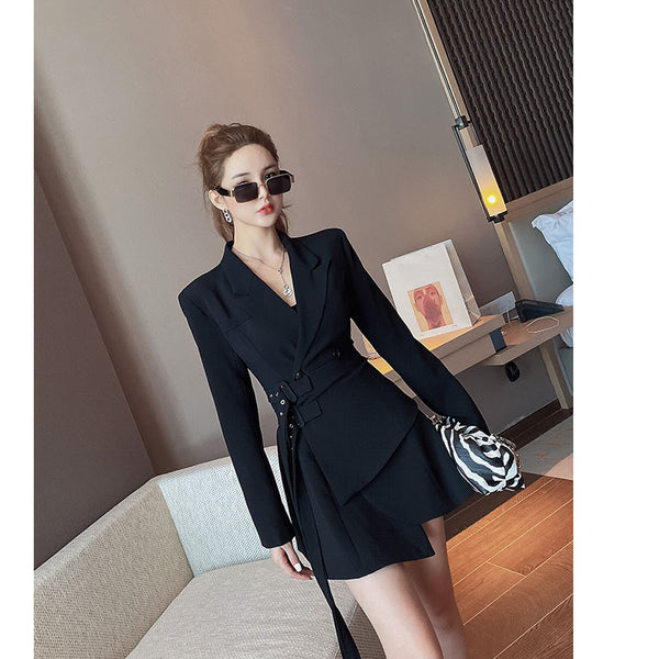 Spring Women Long Sleeve Suit Dress Casual Fashion Black White Shirt Collar A-line Dresses