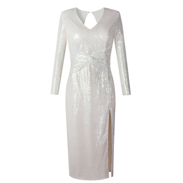 Fashionable Bronzing Temperament Spring V Neck Dress skirt Mermaid Skirt