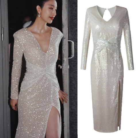 Fashionable Bronzing Temperament Spring V Neck Dress skirt Mermaid Skirt