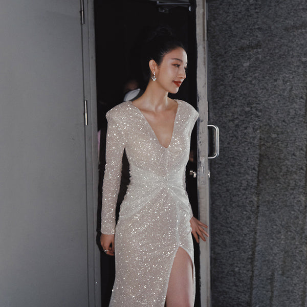 Fashionable Bronzing Temperament Spring V Neck Dress skirt Mermaid Skirt